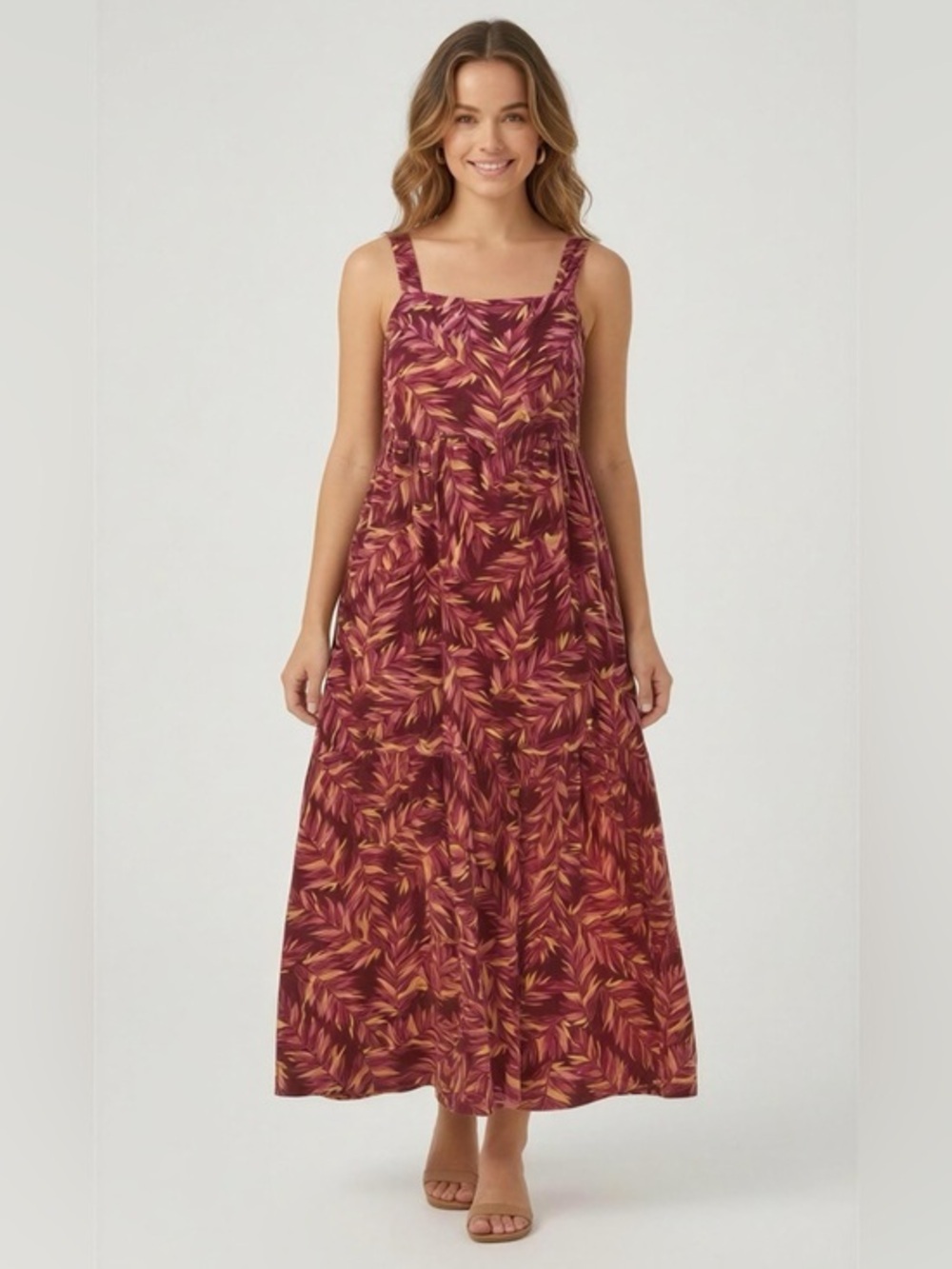 dip Cotton Burgundy Tiered Maxi Dress with Yellow Leaf Print